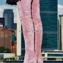 Женские зимние модные бархатные сапоги выше колена с круглым носком на не сужающемся книзу массивном каблуке; цвет розовый, синий, черный; узкие длинные сапоги на толстом каблуке; Клубная обувь