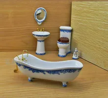 HOST SELL! 5Pcs Set Dollhouse Miniature Ceramic Bathroom Supplies Suites 1:12 Scale Blue