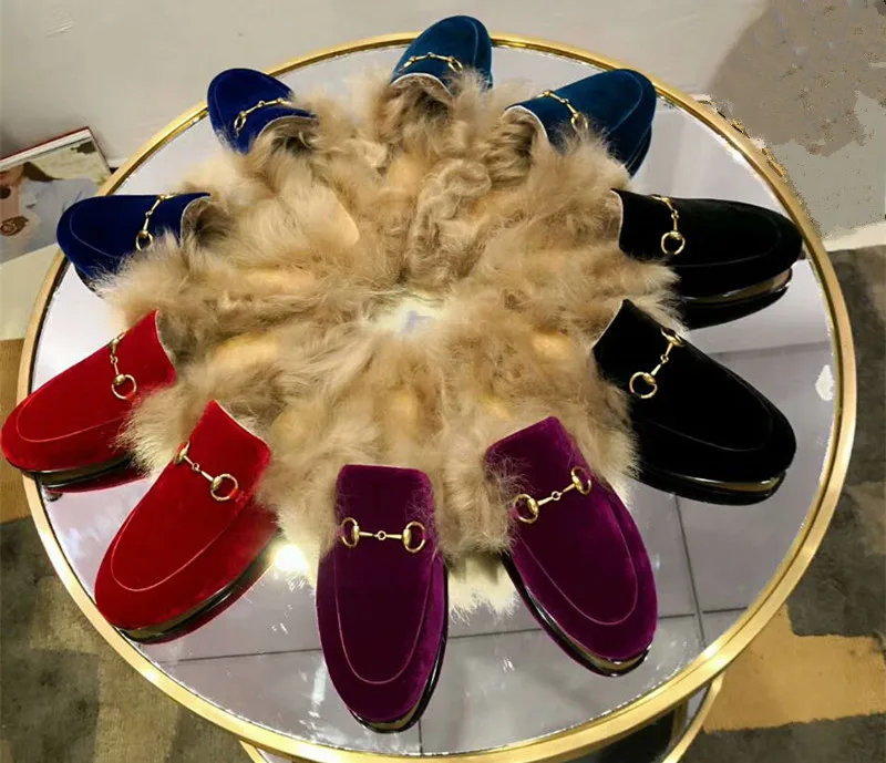 

Chic women velvet Fur slippers shoes 2018 Autumn winter leather fur shoes flat shoes EU35-41 BY579