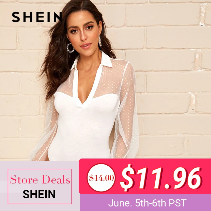 

SHEIN Sexy Sheer Dot Mesh Insert Buttoned Neckline Mid Waist Skinny Long Sleeve Bodysuit Women 2019 Summer Party Bodysuits