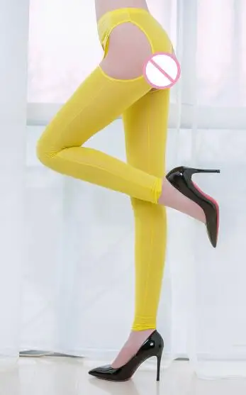 Сексуальные женские ледяные шелковые прозрачные облегающие зауженные брюки, эротическое белье F16 - Цвет: Цвет: желтый