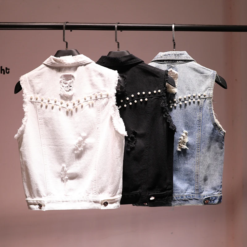 

Summer Autumn New Women's Jeans Vest Female Short Rivet Hole Small Slim Denim Jacket Coat Korean Girls Students Holiday Vests