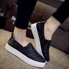 Hot Sale 2016 Spring New Fashion Sequin Platform Loafers Wild Concise Round Toe Woman Flats Black Silver Big Size 36-40 ST233