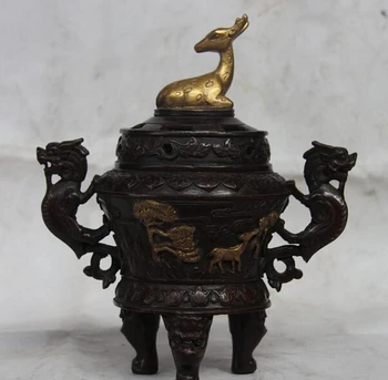 

song voge gem S1603 China Palace Old Bronze Copper Deer Dragon Pine Tree Crane Incense Burner Censer