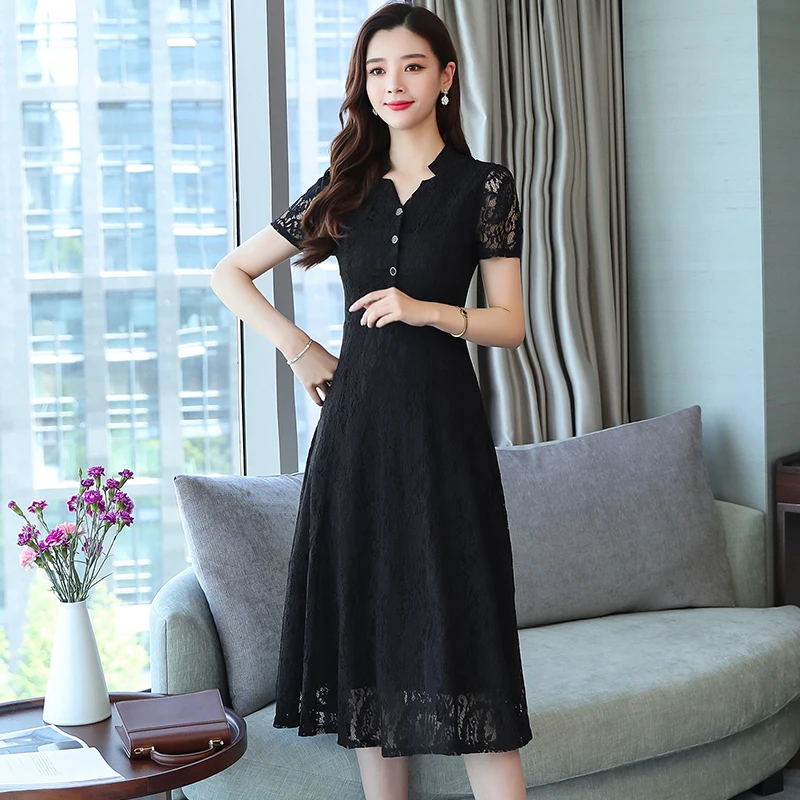Women Summer Midi Slim Lace Dress Office Black Elegant Plus Size 3XL Vacation Button Red Lady Dress Vintage Runway Dress New