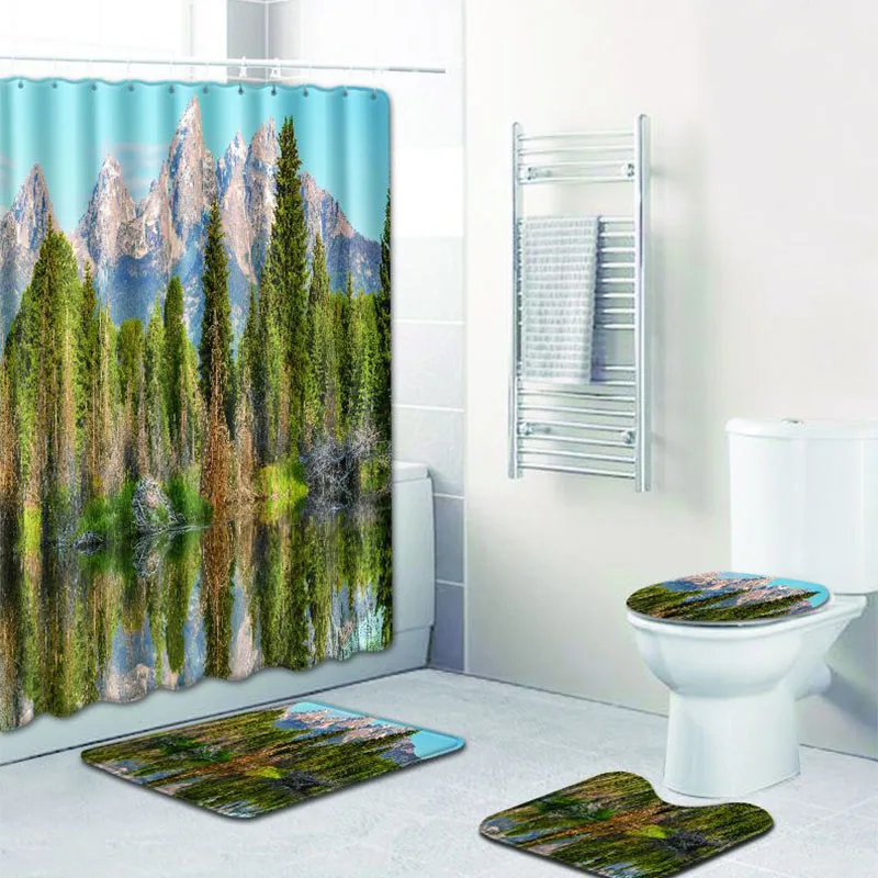 

4 sets bathroom carpet bath mat and Shower curtain and Toilet seat cover non-slip carpet with Lake and mountain in bathroom mat