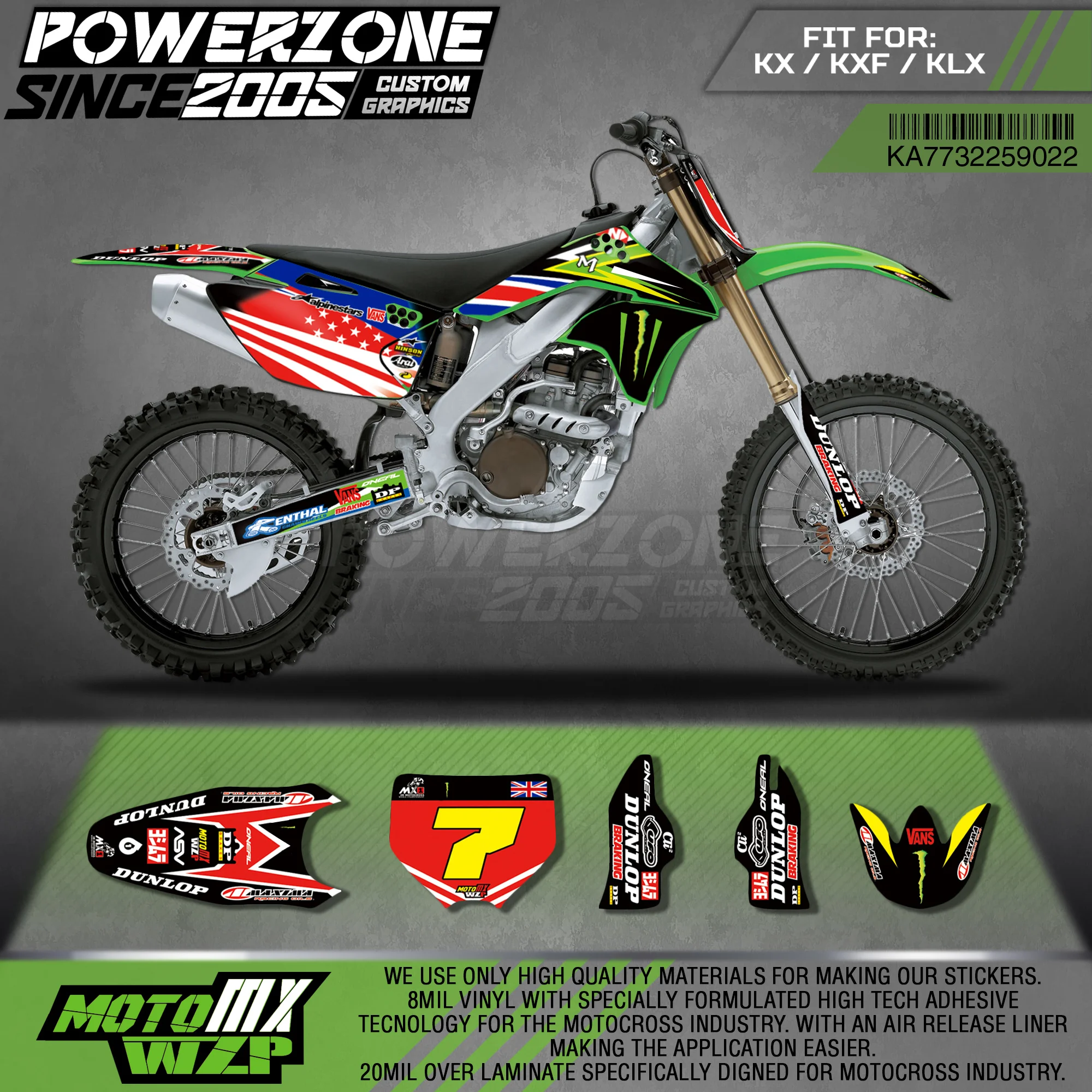 

PowerZone Custom Team Graphics Backgrounds Decals 3M Stickers Kit For Kawasaki KX250F 2013-2016 022