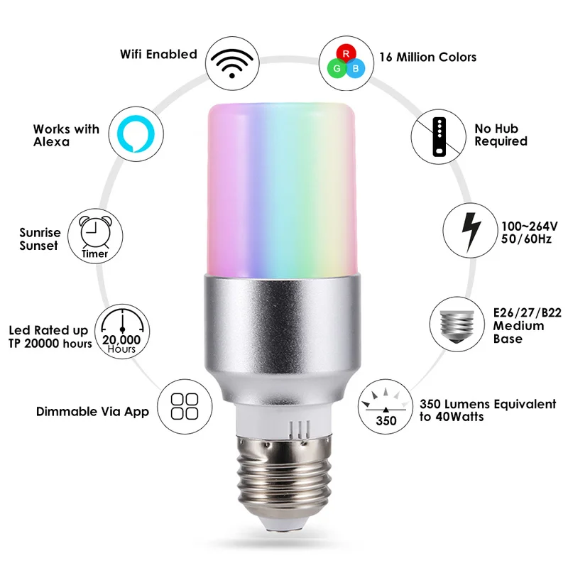Умная лампа с регулируемой яркостью E27/B22/E14 светодиодная Wi Fi дистанционным