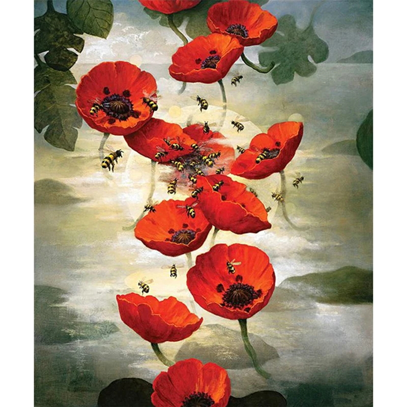 Red poppy and bee Rhinestone Embroidery diamond painting painting 3d