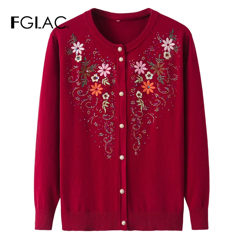 FGLAC Для женщин модный свитер Повседневное с длинным рукавом вязаный свитер цветочной вышивкой для мам среднего возраста ткань Для женщин