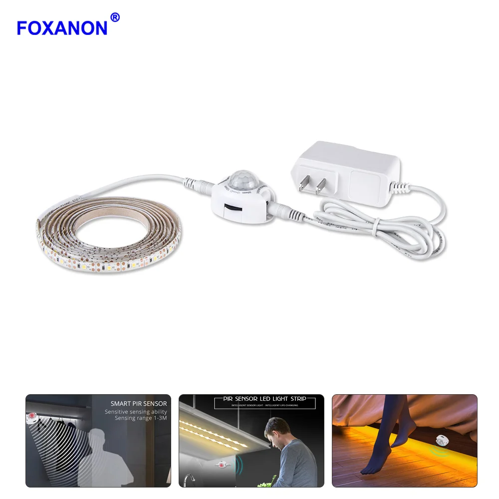 Foxanon под шкаф светильник движения PIR Сенсор светодиодный Ночной светильник 1 м 2 м 3 м 4 м 5 м Светодиодные ленты 12V Мощность Кухня шкаф bedbeside лампы
