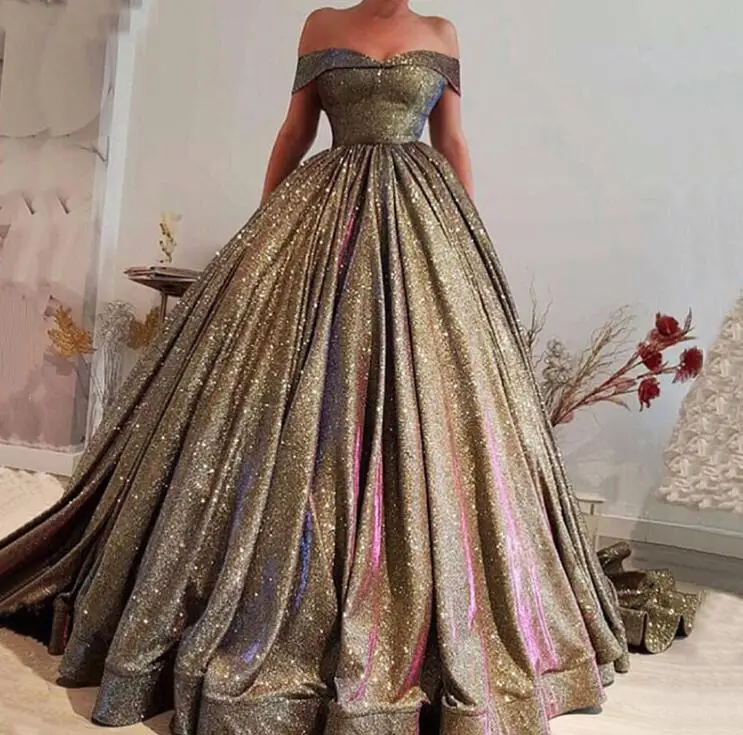 Robe de soiree, вечерние платья, Длинное Пышное Бальное Платье, с открытыми плечами, блестящее, с блестками, женское, арабское, официальное, выпускное, вечернее платье - Цвет: same as picture