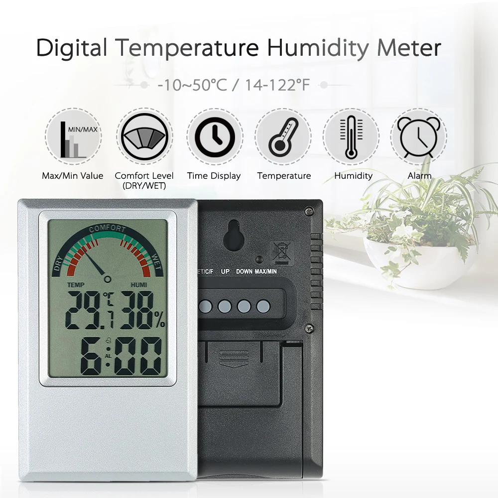 C/F Digital Thermometer Hygrometer Temperature tester Humidity Meter Alarm Clock wall Max Min Value Comfort Level Display