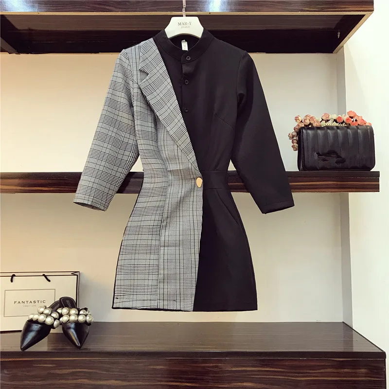 

2019 Autumn New Women Overalls Black Patchwork Gray Plaid Streetwear Jumpsuit Casual Single buckle Shorts Romper
