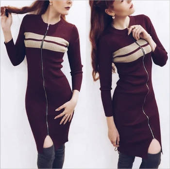 

Women Dress New Striped Full Regular Vestido De Festa 2018 Spring Hot Women Knit Dress Stripe Zipper Long Sleeve