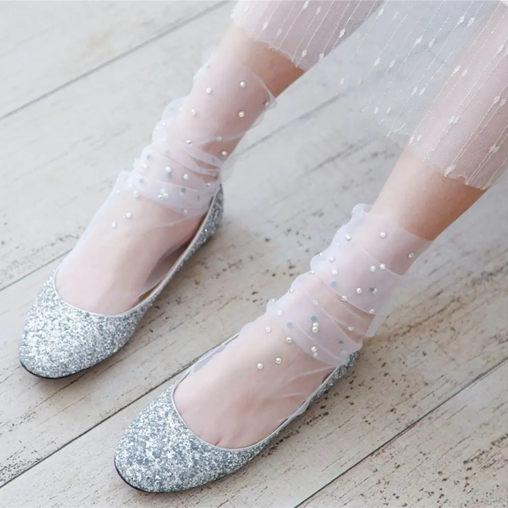 Летние Для женщин дышащие ажурные носки Sheer Mesh горный хрусталь прозрачные шелковые носки до лодыжки Блестящий горный хрусталь Sheer Шелковые носки
