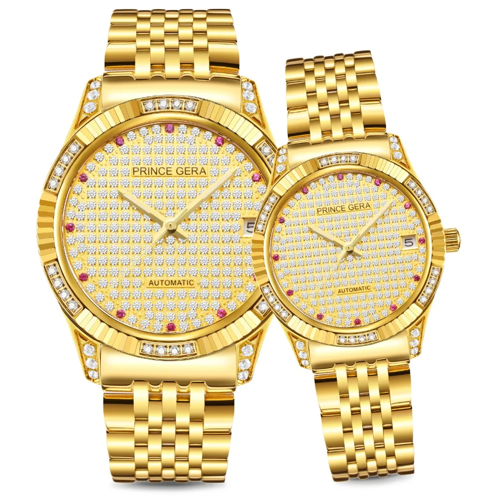 PRINCE GERA Роскошные 18 К золотые бриллианты автоматические часы для мужчин сапфировое стекло Сияющие бриллианты механические Автоматические наручные часы