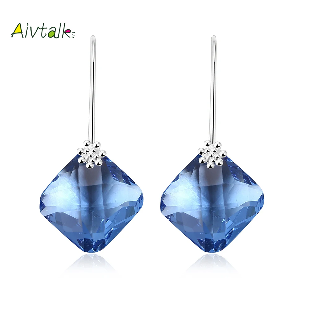 Aivtalk Fashion Austrian Crystal Women Earrings Champagne &amp Blue Color Square Stone Elegant Dangle Drop Hanging Earring for Gift |