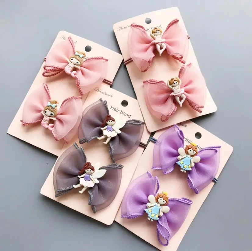 New Sweet Girls bowknot hair cilp 2pcs Kids hair band Princess Chiffon bows Elastic hair band cartoon hair accessories tiara J10