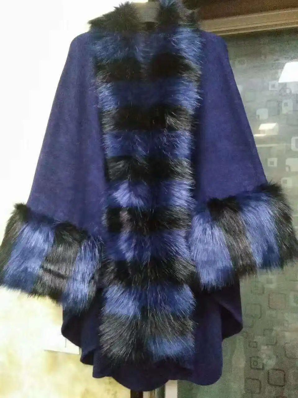 Большие размеры, зимние пальто из искусственного меха овчины и лисы, вязаный кардиган с воротником, женские пончо и накидки AS1017 - Цвет: Синий