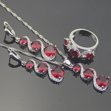 Encantador Largo Rojo Granate Blanco Topaz Mujeres Sistemas de la Joyería de 925 Pendientes de la Plata Esterlina/Colgante/Collar/Anillos de Envío Caja de regalo