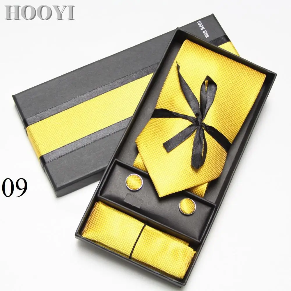 HOOYI 2019 галстуки для мужчин широкий галстук набор запонки Карманный платок полиэстер цельный галстук коробка для свадебного подарка