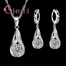 Лучшие продажи 925 стерлингового серебра Ювелирные наборы для женщин Bijoux День рождения Юбилей подарки милые серьги в форме капель ожерелье с CZ