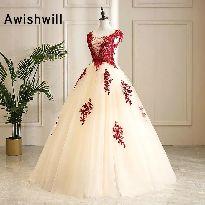 

Real Photos Champagne Prom Dress Long Beading Appliques Ball Gown Gala Dress Cap Sleeve Formal Dress for Graduation