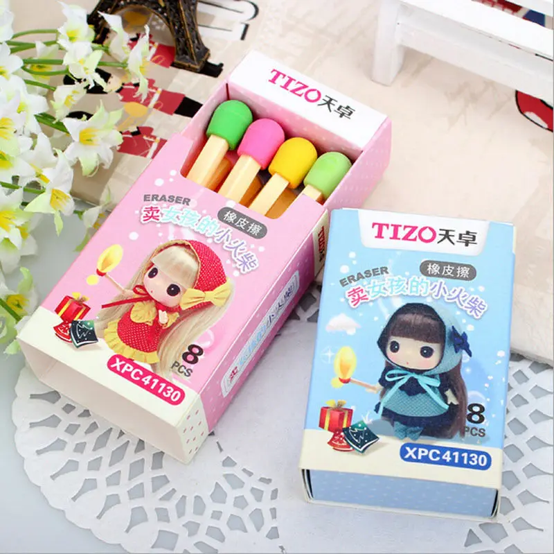 8 pcs/pack Creative Design Cute Kawaii Matches Eraser Lovely Colored Eraser for Kids Students Kids Creative Item Gift