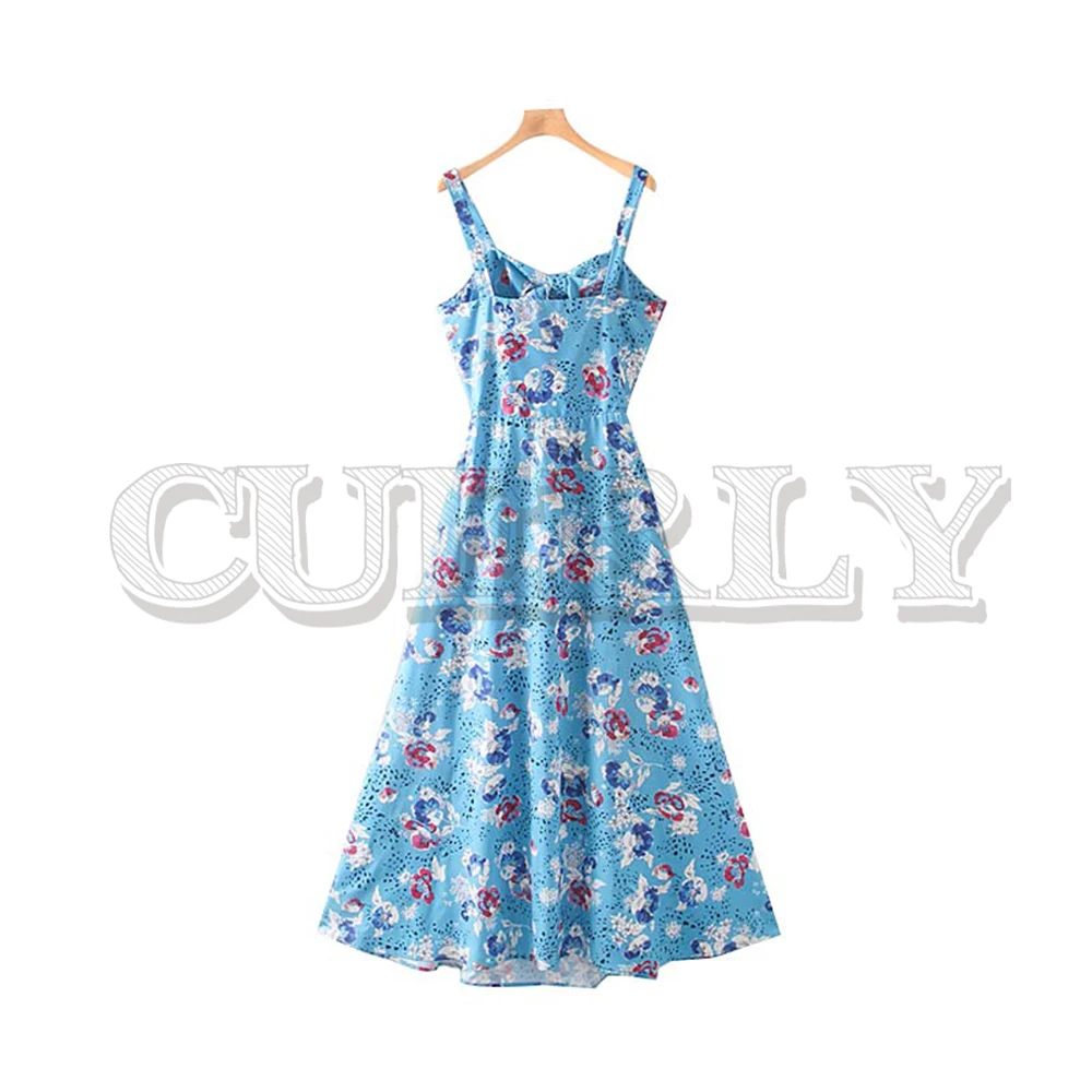 

CUERLY women stylish blue print maxi dress back elastic bow tie sleeveless spaghetti strap female A line summer dresses