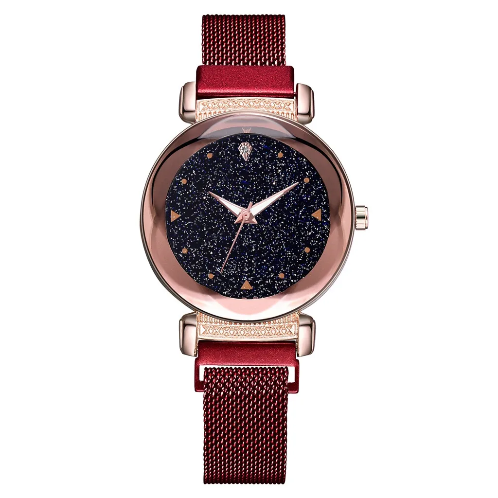 Красный Женские часы, модные, reloj mujer, женские часы, звездное небо, мозаика, алмаз, кварц, сетка, ремень, магнитная пряжка, женские часы - Цвет: Красный