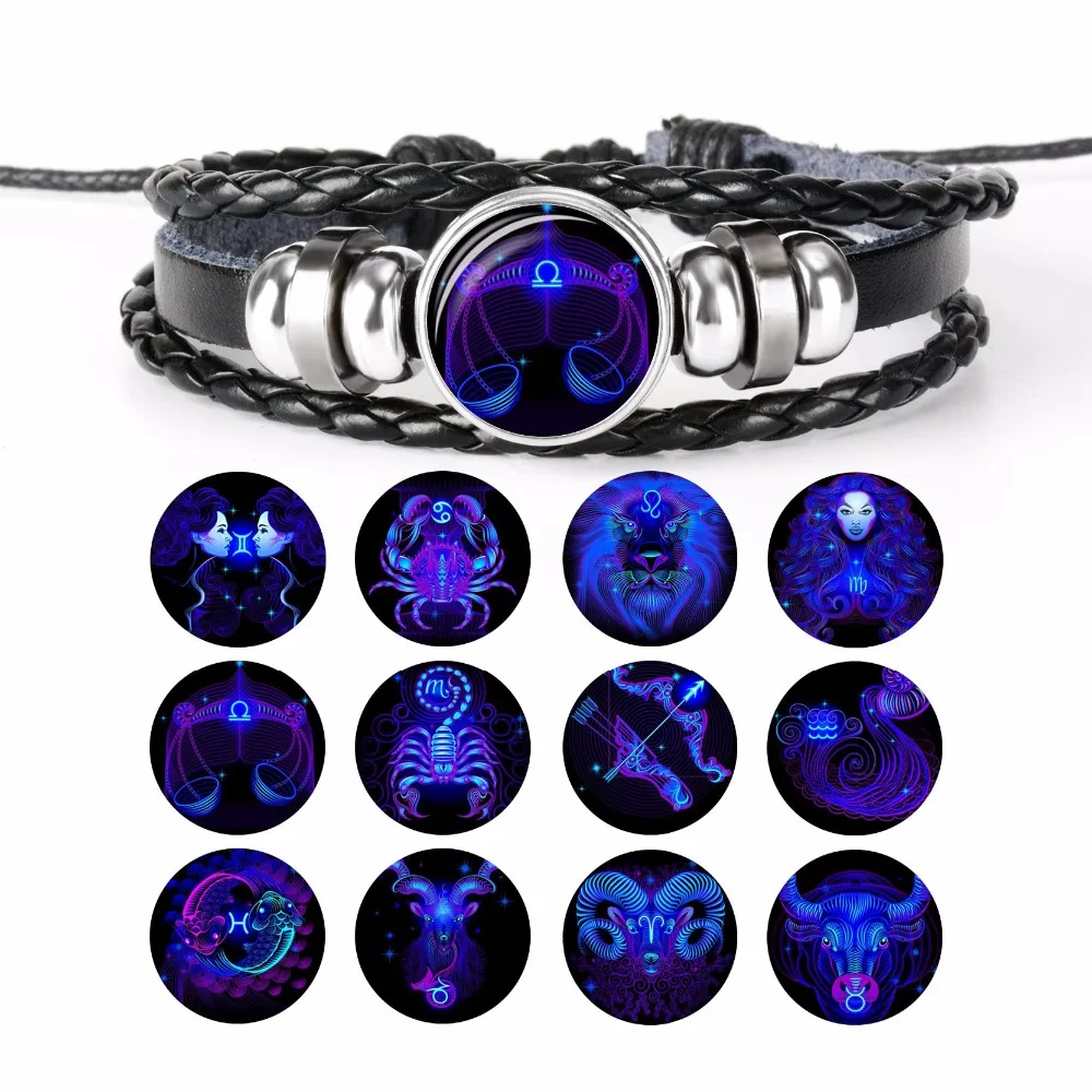 Дропшиппинг Gemini Cancer Leo Virgo Libra Scorpio 12 созвездие черный панк кожаный браслет со