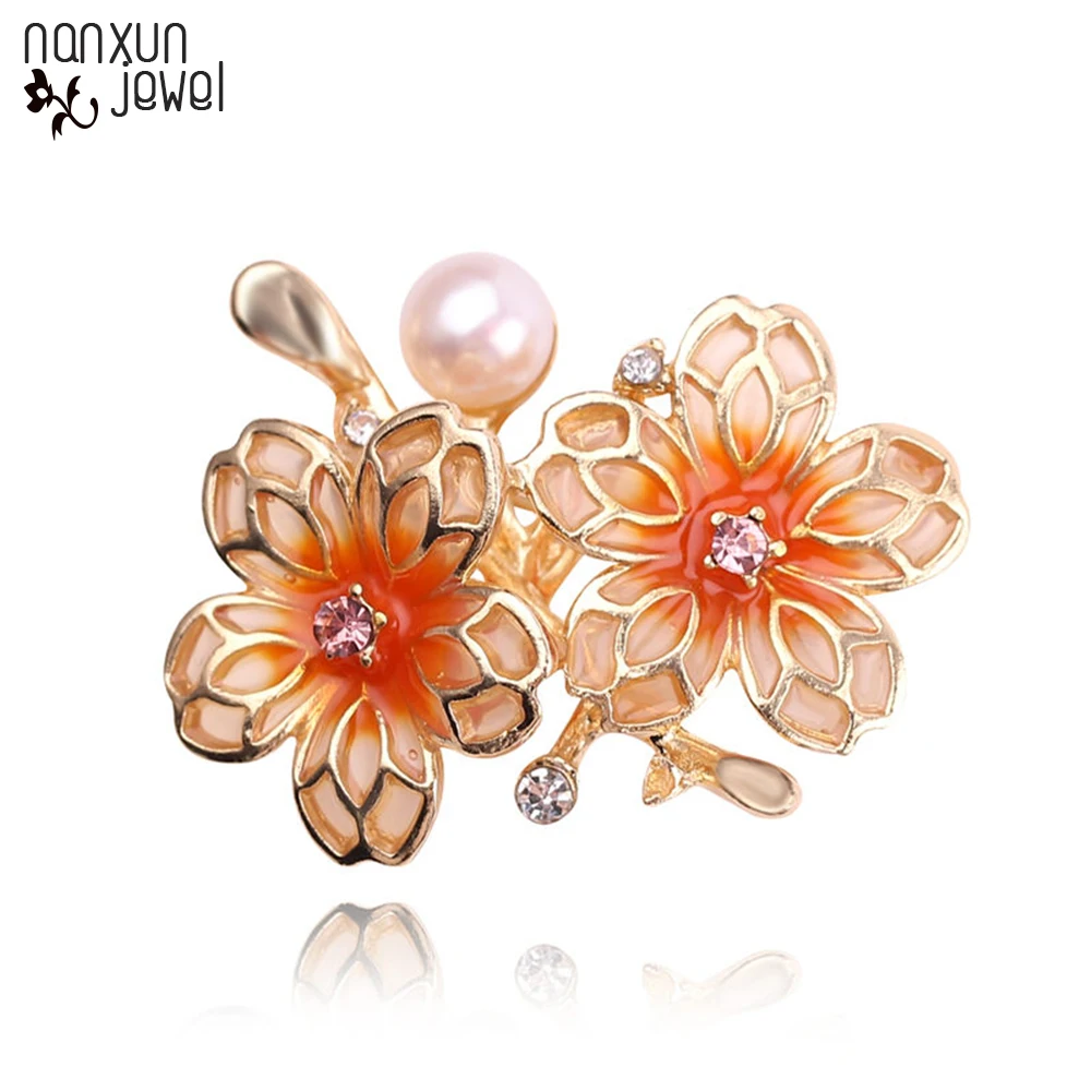 

Woman/Girl Imitation Pearl Enamel Double Flowers Plant Brooch Collar Pins Badge Wedding Jewelry For Women Charm Accessories