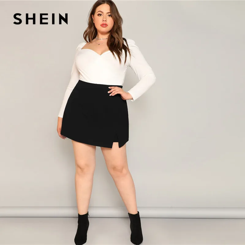 SHEIN, черные повседневные женские шорты с разрезом, плюс размер, юбки,, летние шорты со средней талией на молнии сзади