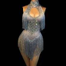 Серебряный комбинезон без рукавов, блестящие стразы, серебристый, золотой, стеклянные камни, кисточки, комбинезон, сексуальный женский костюм для ночного клуба, DJ DS