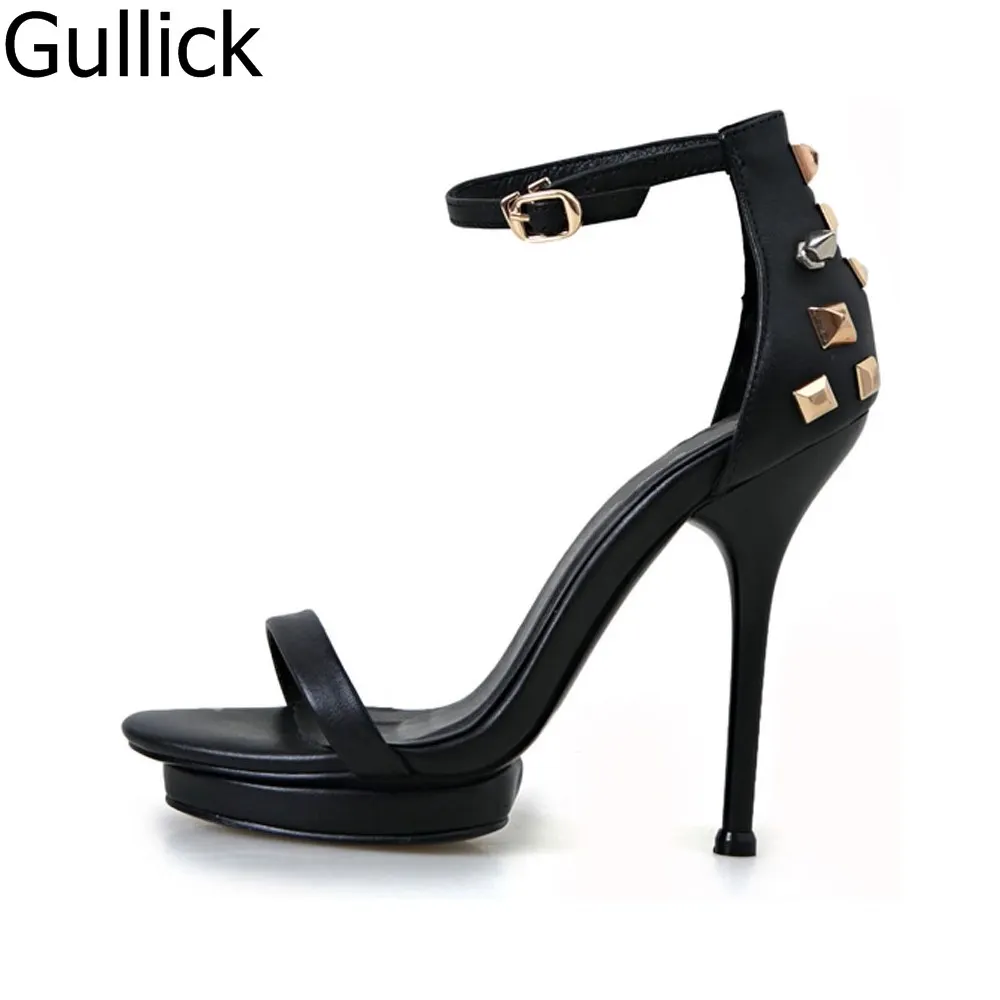 Women Solid Black Gold Ankle Buckle Strap Sandals Summer Hollow Out