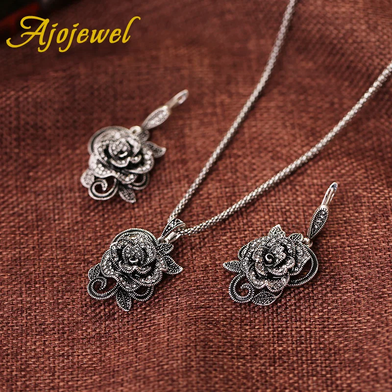 Ajojewel, роскошный черный кристалл, стразы, цветок розы, ювелирные наборы для женщин, винтажное ожерелье, кольцо, серьги, набор, креативный подарок