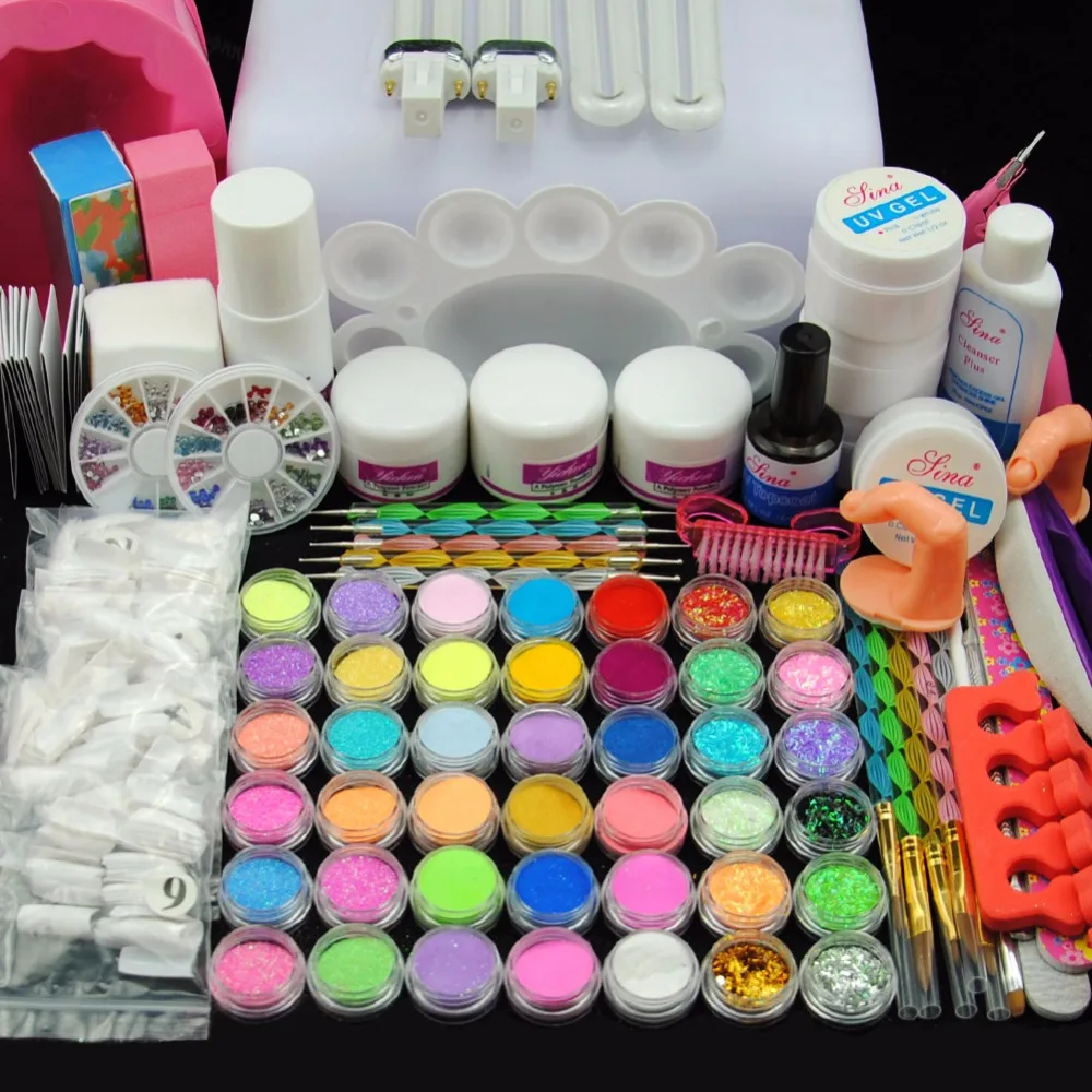 Дешево Профессиональная УФ лампа 36 Вт для ногтей УФ гель маникюрный набор акриловая Форма для дизайна ногтей дисплей блестящая Пылезащитная пилоч...