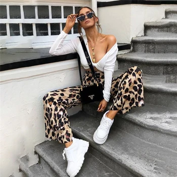 

Fashion Women High Waist Flared Wide Leg Pants Sexy Leopard Print Trousers Office Lady Work Pants Casual Palazzo Long Trousers