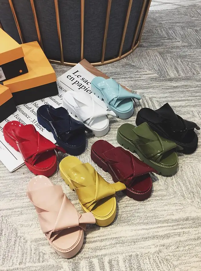 

2019 Summer Ladies Black Red Slip On Shoes Thick Heel Waterproof Platform Non-slip Beach Sandals Slippers Women's Bow-knot Dress