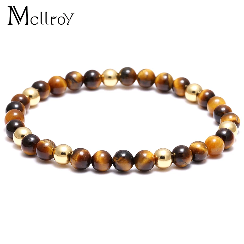 Mcllroy 6mm Titanium Steel Bead bracelet pulseiras masculinas natural stone tiger eye bracelets mens bracelet cuir homme