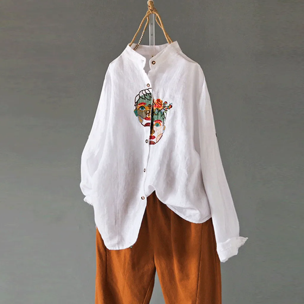 Women Shirt New Fashion 2019 Cotton and Linen Plus Size Vintage Embroidery Portrait Casual Blouse Tops L529