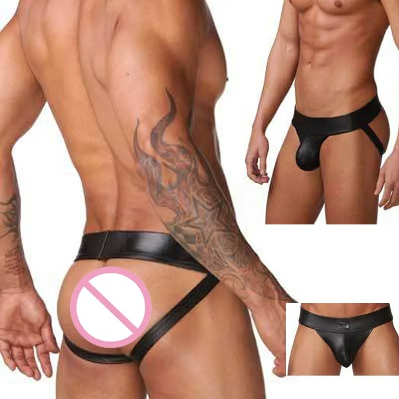 

New Arrival Men Black Synthetic Leather Panties Erotic Bottom Hollow Out Tanga Thong Sexy Punk Hombre Jockstrap G-string