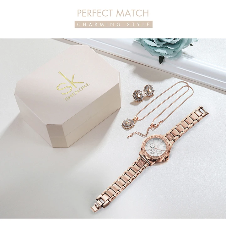 Shengke, часы из розового золота, женские серьги с кристаллами, ожерелье, набор, женские кварцевые часы с ювелирным комплектом, новинка, женские часы, набор