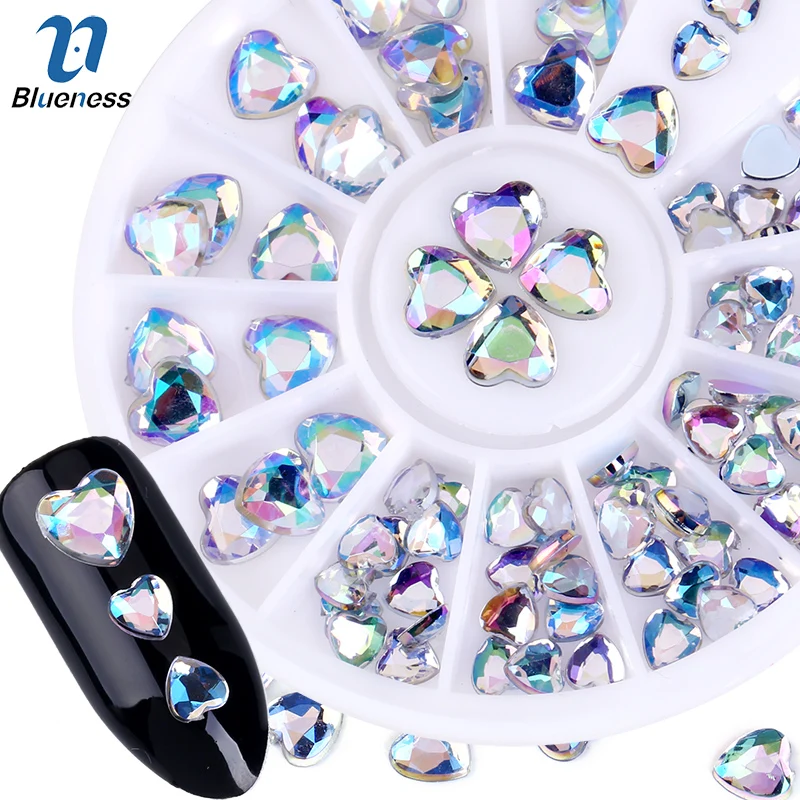 Blueness Love Heart Дизайн колеса маникюр Блеск AB Стразы для ногтей Советы 3D Подвески