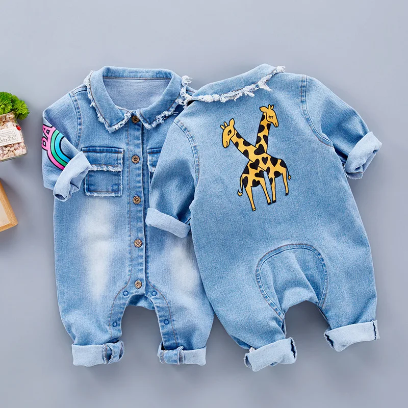 Spring Baby Toddler Long Sleeve Lapel Collar Denim Jeans Giraffe Rainbow Pattern Rompers Kids Infant Jumpsuits roupas de bebe