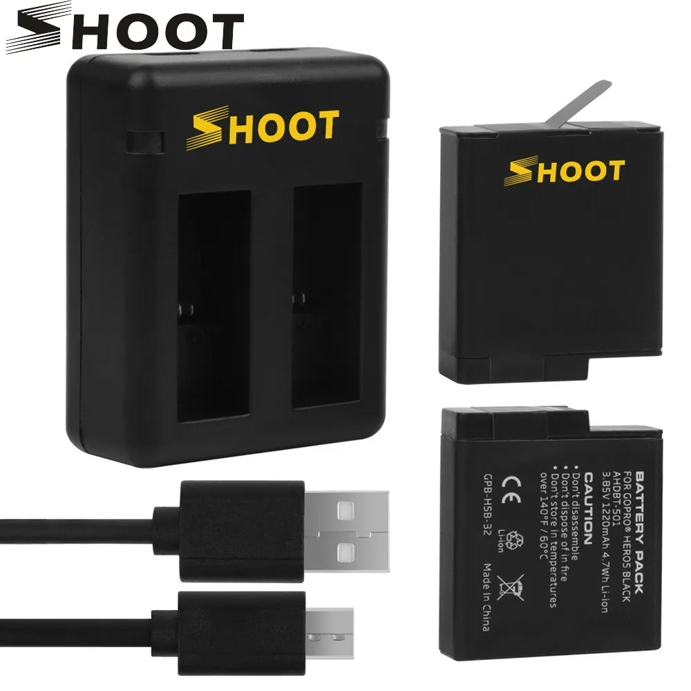 

SHOOT 2pcs 1220mAh Battery & Dual Port Battery Charger for GoPro Hero 5 6 7 Black Cam For Go Pro Hero 7 5 Changing Accessory