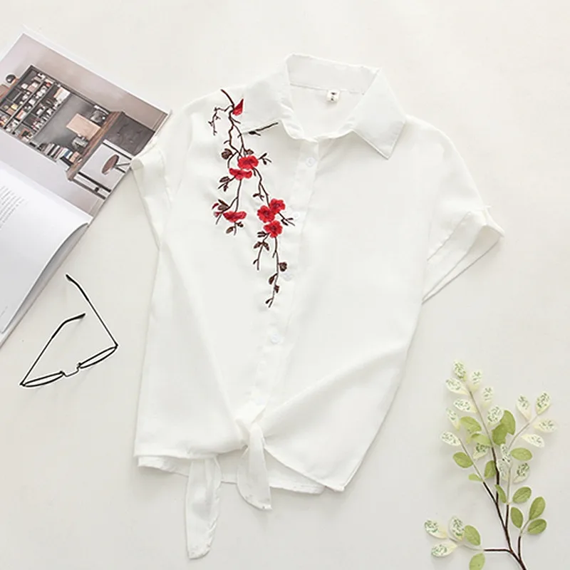 

T shirt Women Tops Flower Embroidery T Shirt 2019 New Turn-Down Collar Long Sleeve Casual Tops Women Fashion Office Tops Blusas