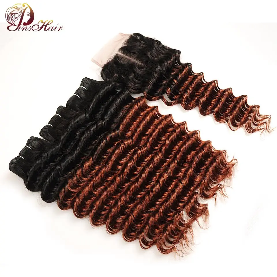

Pinshair Deep Wave Ombre Brazilian Hair 3 Bundles With Closure Brown Red 1B/33 Human Hair Weave Bundle With Lace Closure NonRemy