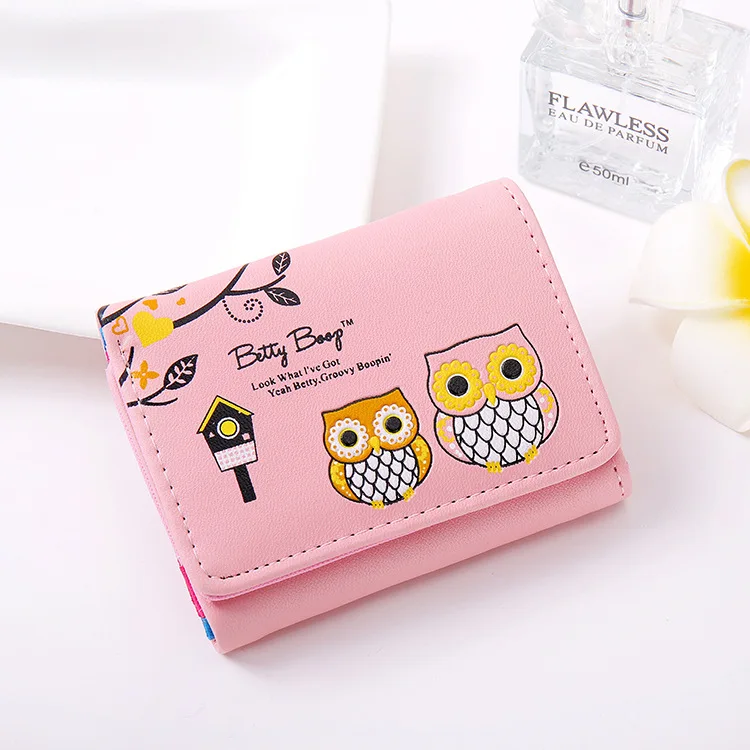 Милый мультяшный женский кошелек, короткий, 3 сложения, студенческий кошелек для карт, кошелек с рисунком совы, кожаный кошелек для мелочей, маленький кошелек